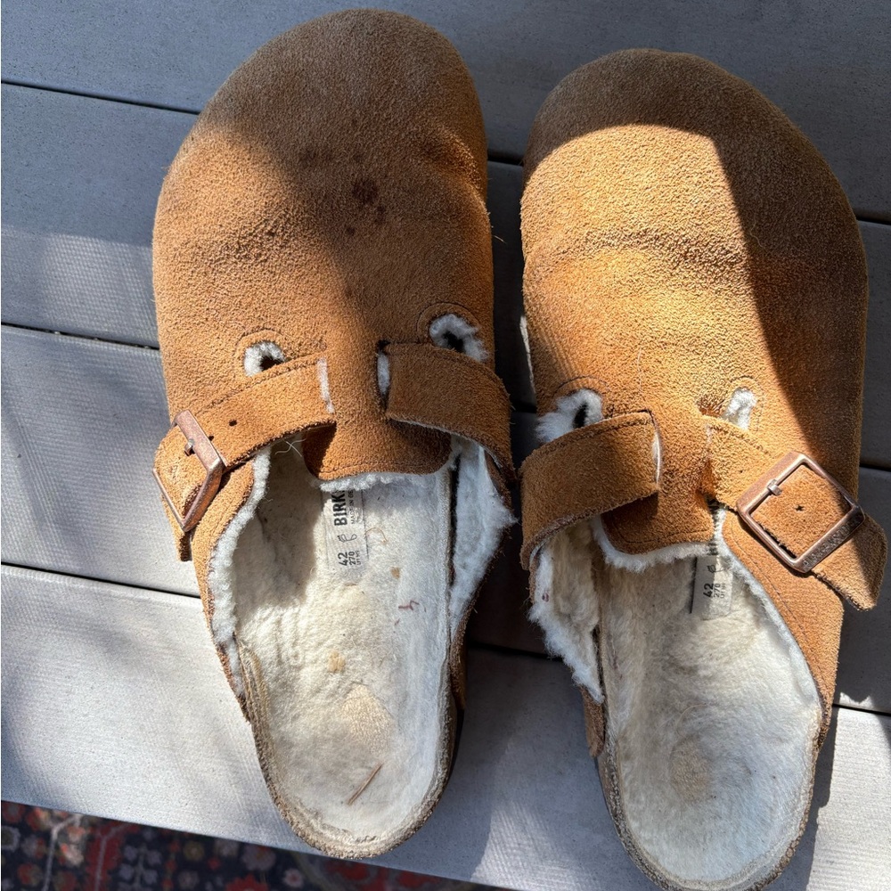 Birkenstock Shearling Boston Tan Suede Shoes